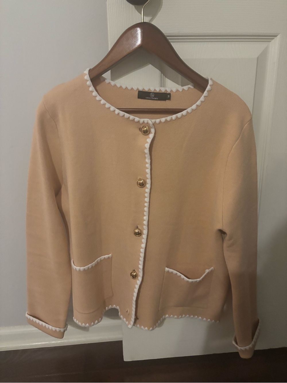 Tan Cardigan with White Scallop Trim and Gold Buttons